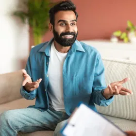 Fröhlicher Mann der einer Frau etwas sagt